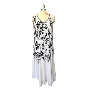 Vintage 90s Maxi Dress Size 10 L White Black Floral Together! Button Front Rayon